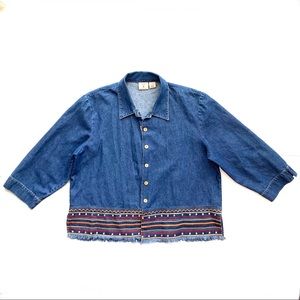 Boho Tribal Denim Jean Button Down Jacket Raw Hem